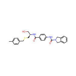 Cc1ccc(CSC[C@@H](CO)NC(=O)c2ccc(NC(=O)N3Cc4ccccc4C3)cc2)cc1 ZINC000165743326