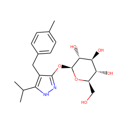 Cc1ccc(Cc2c(O[C@@H]3O[C@H](CO)[C@@H](O)[C@H](O)[C@H]3O)n[nH]c2C(C)C)cc1 ZINC000095576202