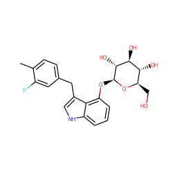 Cc1ccc(Cc2c[nH]c3cccc(O[C@@H]4O[C@H](CO)[C@@H](O)[C@H](O)[C@H]4O)c23)cc1F ZINC000028571380