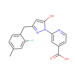 Cc1ccc(Cc2cc(O)n(-c3cc(C(=O)O)ccn3)n2)c(F)c1 ZINC000146829722