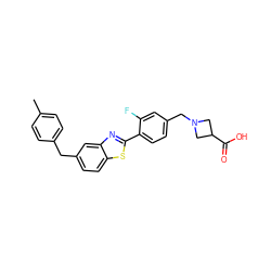 Cc1ccc(Cc2ccc3sc(-c4ccc(CN5CC(C(=O)O)C5)cc4F)nc3c2)cc1 ZINC000066105050