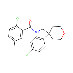 Cc1ccc(Cl)c(C(=O)NCC2(c3ccc(Cl)cc3)CCOCC2)c1 ZINC000207666736