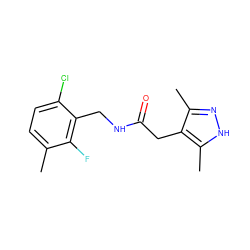 Cc1ccc(Cl)c(CNC(=O)Cc2c(C)n[nH]c2C)c1F ZINC000084689686