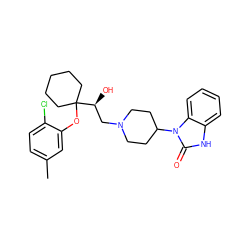 Cc1ccc(Cl)c(OC2([C@@H](O)CN3CCC(n4c(=O)[nH]c5ccccc54)CC3)CCCCC2)c1 ZINC000028336520