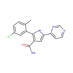 Cc1ccc(Cl)cc1-c1[nH]c(-c2ccncn2)cc1C(N)=O ZINC000142793409