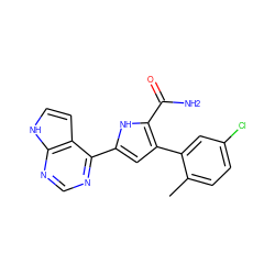 Cc1ccc(Cl)cc1-c1cc(-c2ncnc3[nH]ccc23)[nH]c1C(N)=O ZINC000143364986