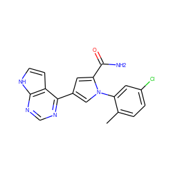 Cc1ccc(Cl)cc1-n1cc(-c2ncnc3[nH]ccc23)cc1C(N)=O ZINC000208314528