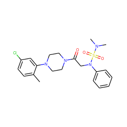 Cc1ccc(Cl)cc1N1CCN(C(=O)CN(c2ccccc2)S(=O)(=O)N(C)C)CC1 ZINC000002868874