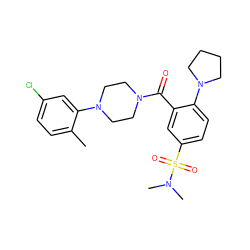 Cc1ccc(Cl)cc1N1CCN(C(=O)c2cc(S(=O)(=O)N(C)C)ccc2N2CCCC2)CC1 ZINC000009223847