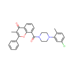 Cc1ccc(Cl)cc1N1CCN(C(=O)c2cccc3c(=O)c(C)c(-c4ccccc4)oc23)CC1 ZINC000002634334