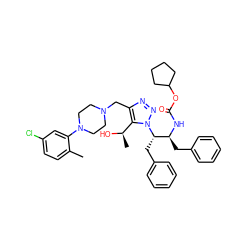 Cc1ccc(Cl)cc1N1CCN(Cc2nnn([C@@H](Cc3ccccc3)[C@H](Cc3ccccc3)NC(=O)OC3CCCC3)c2[C@@H](C)O)CC1 ZINC000049792286