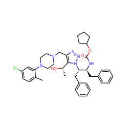 Cc1ccc(Cl)cc1N1CCN(Cc2nnn([C@@H](Cc3ccccc3)[C@H](Cc3ccccc3)NC(=O)OC3CCCC3)c2[C@H](C)O)CC1 ZINC000049792294