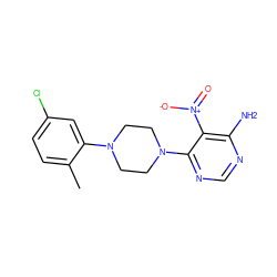 Cc1ccc(Cl)cc1N1CCN(c2ncnc(N)c2[N+](=O)[O-])CC1 ZINC000084605036