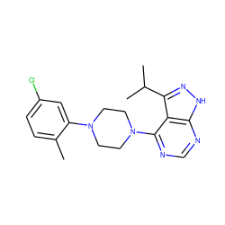 Cc1ccc(Cl)cc1N1CCN(c2ncnc3[nH]nc(C(C)C)c23)CC1 ZINC000084615821