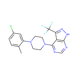 Cc1ccc(Cl)cc1N1CCN(c2ncnc3[nH]nc(C(F)(F)F)c23)CC1 ZINC000084615825