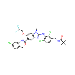 Cc1ccc(Cl)cc1NC(=O)c1cc2nc(Nc3c(Cl)ccc(CNC(=O)C(C)(C)C)c3Cl)n(C)c2cc1OCC(F)F ZINC000169703116