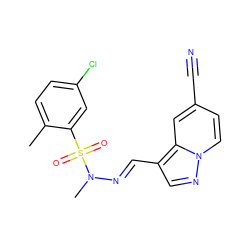 Cc1ccc(Cl)cc1S(=O)(=O)N(C)/N=C/c1cnn2ccc(C#N)cc12 ZINC000082148926