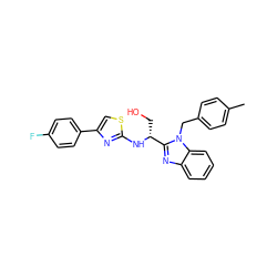 Cc1ccc(Cn2c([C@@H](CO)Nc3nc(-c4ccc(F)cc4)cs3)nc3ccccc32)cc1 ZINC000012507281