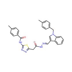 Cc1ccc(Cn2cc(/C=N/NC(=O)Cc3nnc(NC(=O)c4ccc(C)cc4)s3)c3ccccc32)cc1 ZINC000016945821