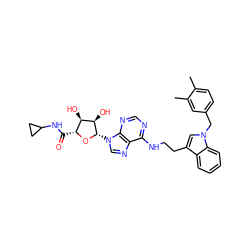 Cc1ccc(Cn2cc(CCNc3ncnc4c3ncn4[C@@H]3O[C@H](C(=O)NC4CC4)[C@@H](O)[C@H]3O)c3ccccc32)cc1C ZINC000012405744