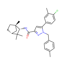 Cc1ccc(Cn2nc(C(=O)N[C@@H]3C(C)(C)[C@@H]4CC[C@@]3(C)C4)cc2-c2ccc(Cl)c(C)c2)cc1 ZINC000003952700