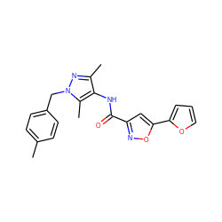 Cc1ccc(Cn2nc(C)c(NC(=O)c3cc(-c4ccco4)on3)c2C)cc1 ZINC000004076554