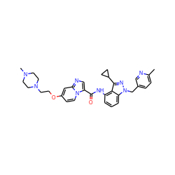 Cc1ccc(Cn2nc(C3CC3)c3c(NC(=O)c4cnc5cc(OCCN6CCN(C)CC6)ccn45)cccc32)cn1 ZINC000117895974