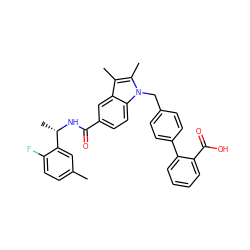 Cc1ccc(F)c([C@H](C)NC(=O)c2ccc3c(c2)c(C)c(C)n3Cc2ccc(-c3ccccc3C(=O)O)cc2)c1 ZINC000205976043