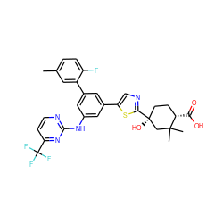 Cc1ccc(F)c(-c2cc(Nc3nccc(C(F)(F)F)n3)cc(-c3cnc([C@@]4(O)CC[C@H](C(=O)O)C(C)(C)C4)s3)c2)c1 ZINC000221417735