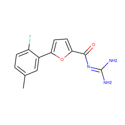 Cc1ccc(F)c(-c2ccc(C(=O)N=C(N)N)o2)c1 ZINC000013642700