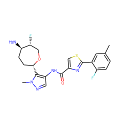 Cc1ccc(F)c(-c2nc(C(=O)Nc3cnn(C)c3[C@@H]3CC[C@@H](N)[C@H](F)CO3)cs2)c1 ZINC000205635355