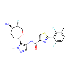 Cc1ccc(F)c(-c2nc(C(=O)Nc3cnn(C)c3[C@@H]3CC[C@@H](N)[C@H](F)CO3)cs2)c1F ZINC000221385381