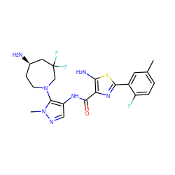 Cc1ccc(F)c(-c2nc(C(=O)Nc3cnn(C)c3N3CC[C@@H](N)CC(F)(F)C3)c(N)s2)c1 ZINC000169699345