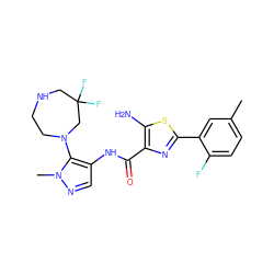 Cc1ccc(F)c(-c2nc(C(=O)Nc3cnn(C)c3N3CCNCC(F)(F)C3)c(N)s2)c1 ZINC000169699267