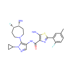 Cc1ccc(F)c(-c2nc(C(=O)Nc3cnn(C4CC4)c3N3CC[C@H](F)[C@H](N)CC3)c(N)s2)c1 ZINC000169699378