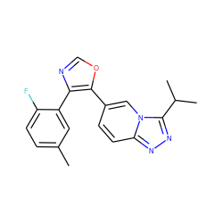 Cc1ccc(F)c(-c2ncoc2-c2ccc3nnc(C(C)C)n3c2)c1 ZINC000014961164