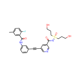 Cc1ccc(F)c(C(=O)Nc2cccc(C#Cc3cncc(C(=O)N=S(=O)(CCCO)CCCO)c3)c2)c1 ZINC001772643607