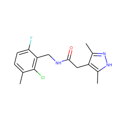 Cc1ccc(F)c(CNC(=O)Cc2c(C)n[nH]c2C)c1Cl ZINC000084703966