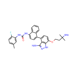 Cc1ccc(F)c(NC(=O)Nc2ccc(-c3ccc(OCCC(C)(C)N)c4[nH]nc(N)c34)c3ccccc23)c1 ZINC000205440067