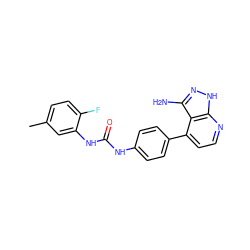 Cc1ccc(F)c(NC(=O)Nc2ccc(-c3ccnc4[nH]nc(N)c34)cc2)c1 ZINC000029129386