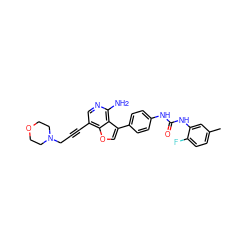 Cc1ccc(F)c(NC(=O)Nc2ccc(-c3coc4c(C#CCN5CCOCC5)cnc(N)c34)cc2)c1 ZINC000063539810