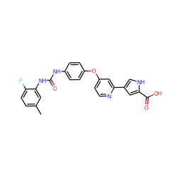 Cc1ccc(F)c(NC(=O)Nc2ccc(Oc3ccnc(-c4c[nH]c(C(=O)O)c4)c3)cc2)c1 ZINC000116235623