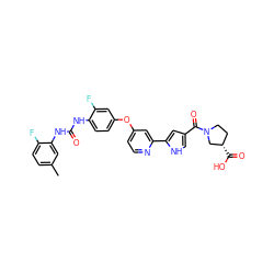 Cc1ccc(F)c(NC(=O)Nc2ccc(Oc3ccnc(-c4cc(C(=O)N5CC[C@H](C(=O)O)C5)c[nH]4)c3)cc2F)c1 ZINC000116235691