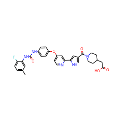 Cc1ccc(F)c(NC(=O)Nc2ccc(Oc3ccnc(-c4cc(C(=O)N5CCC(CC(=O)O)CC5)c[nH]4)c3)cc2)c1 ZINC000168860635