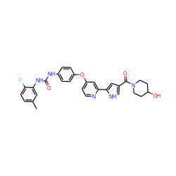 Cc1ccc(F)c(NC(=O)Nc2ccc(Oc3ccnc(-c4cc(C(=O)N5CCC(O)CC5)c[nH]4)c3)cc2)c1 ZINC000116233746