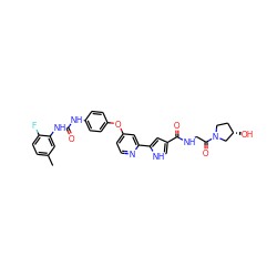 Cc1ccc(F)c(NC(=O)Nc2ccc(Oc3ccnc(-c4cc(C(=O)NCC(=O)N5CC[C@H](O)C5)c[nH]4)c3)cc2)c1 ZINC000116238238