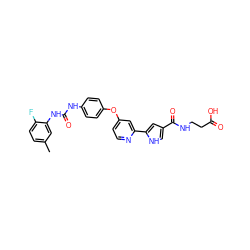 Cc1ccc(F)c(NC(=O)Nc2ccc(Oc3ccnc(-c4cc(C(=O)NCCC(=O)O)c[nH]4)c3)cc2)c1 ZINC000168871567