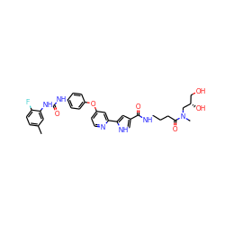 Cc1ccc(F)c(NC(=O)Nc2ccc(Oc3ccnc(-c4cc(C(=O)NCCCC(=O)N(C)C[C@@H](O)CO)c[nH]4)c3)cc2)c1 ZINC000116236117