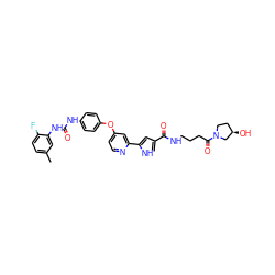 Cc1ccc(F)c(NC(=O)Nc2ccc(Oc3ccnc(-c4cc(C(=O)NCCCC(=O)N5CC[C@@H](O)C5)c[nH]4)c3)cc2)c1 ZINC000116235846