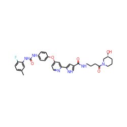 Cc1ccc(F)c(NC(=O)Nc2ccc(Oc3ccnc(-c4cc(C(=O)NCCCC(=O)N5CCC[C@@H](O)C5)c[nH]4)c3)cc2)c1 ZINC000116235784